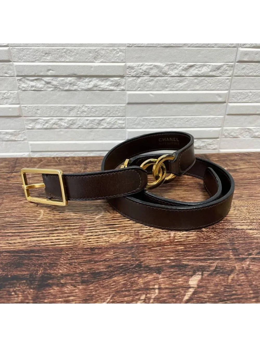 Chanel Leather Belt Double CC Logo Gold Brown